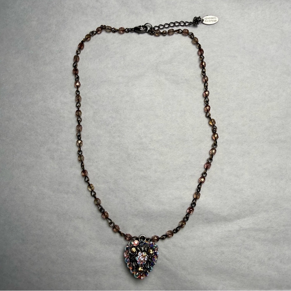 Seasonal Whispers Double Sided Heart Pendant Necklace Beaded Gold Tone
